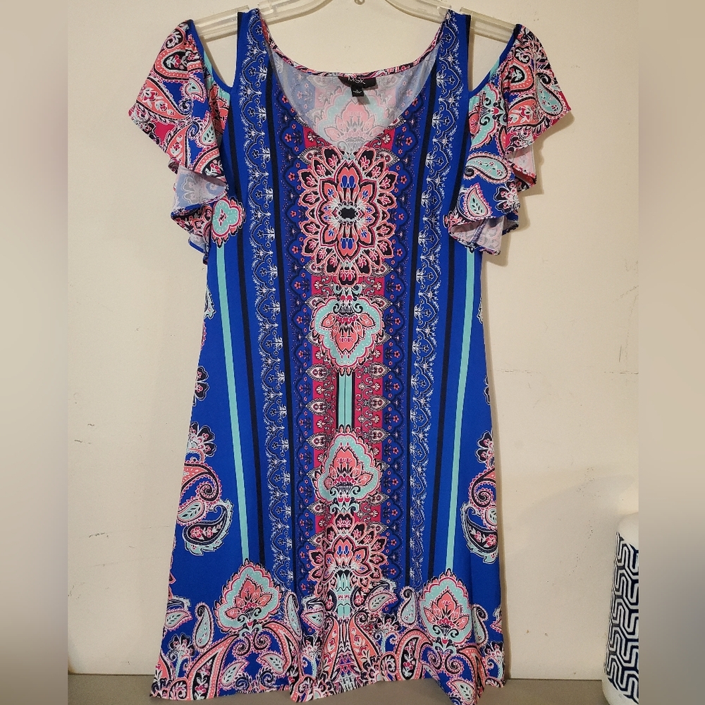 Boho Paisley Print Blue Cold Shoulder Dress Flutter Sleeve